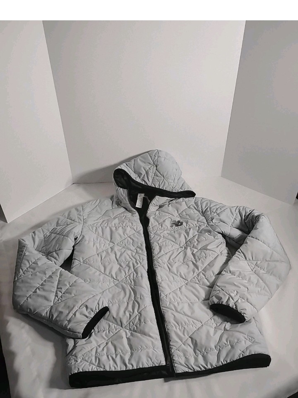 New Balance Light Gray Quilted Hooded Puffer Jacket with Black Trim
